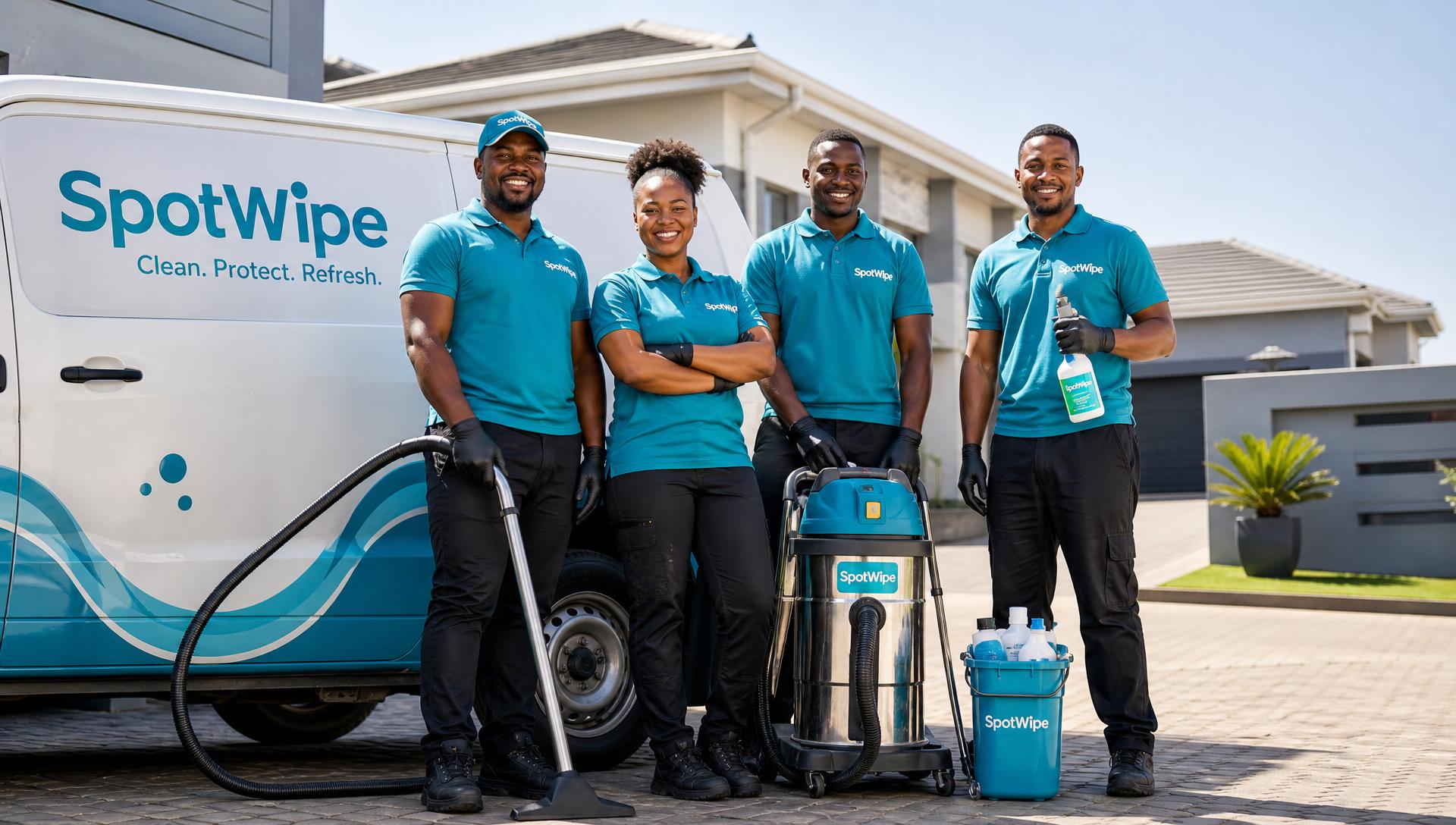 Professional SpotWipe cleaning team and branded service van outside a Kempton Park home